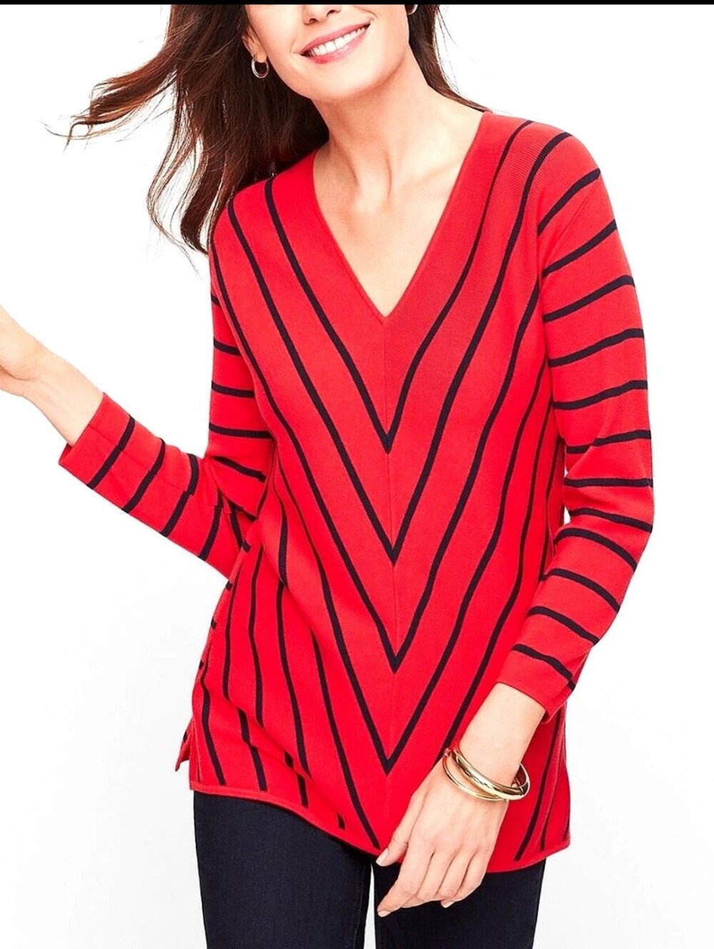 Talbots Women's S Red/Navy Blue Striped V-Neck 3/4 Sleeve Knit Pullover Sweater